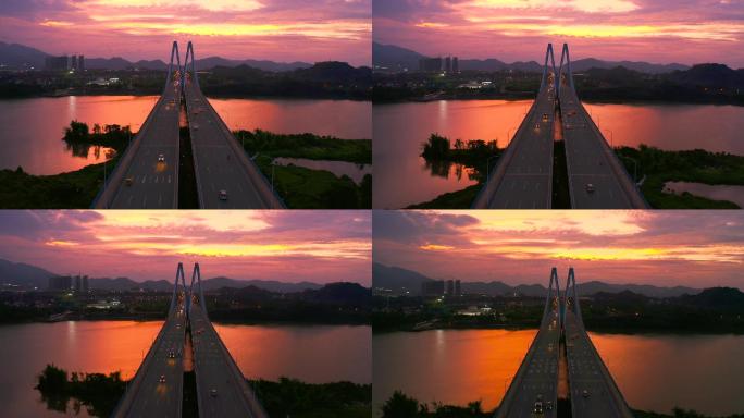 河源迎客大桥城市晚霞夜景风景美景延时镜头
