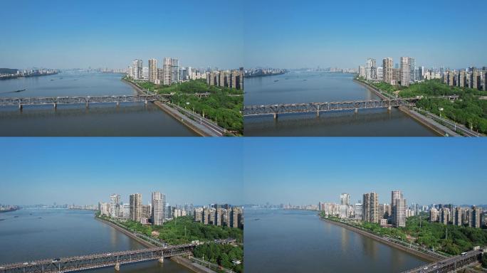 航拍钱江一桥钱江大桥沿岸跑步道亚科中心