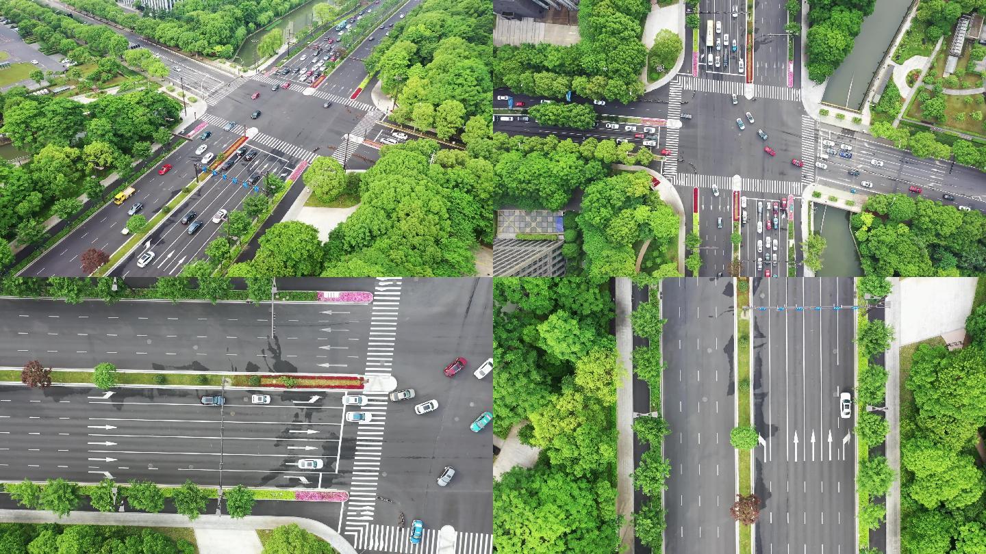4K城市道路绿色交通车流航拍