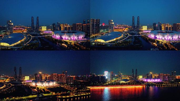 航拍杭州奥体博览城夜景4K
