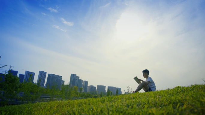 小学生室外野外公园草地看书背书视频素材
