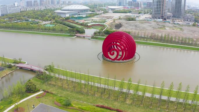 舟山航拍 红球 地标建筑 游船 轮船