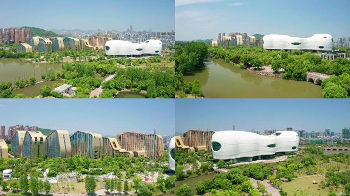 航拍杭州滨江白马湖国际会展中心