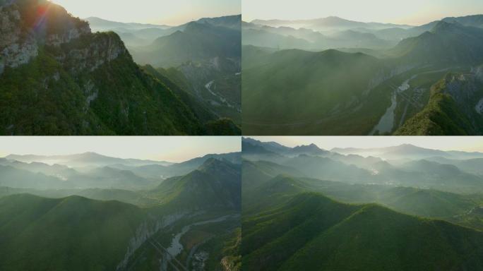 航拍北京门头沟西山 晨光中的群山