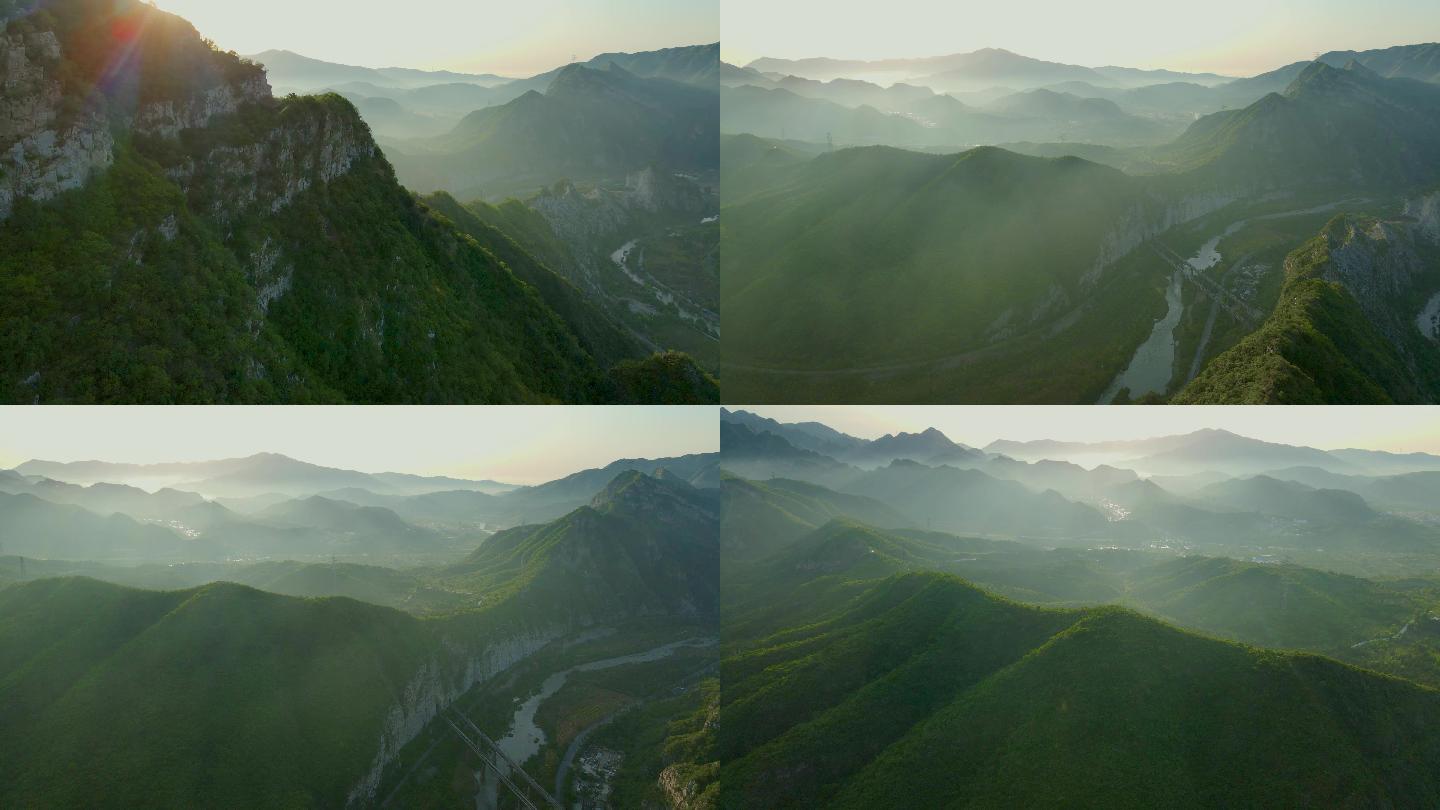 航拍北京门头沟西山 晨光中的群山