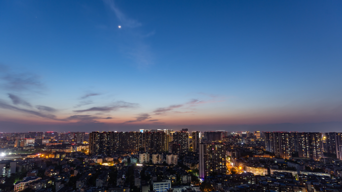 城市亮灯日转夜白天到黑夜万家灯火落月延时