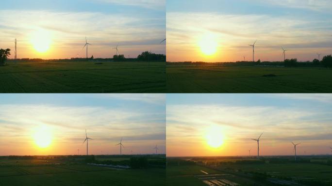 夕阳下麦田绿色环保唯美风车碳中和风力发电