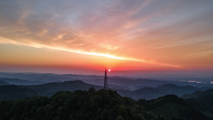 航拍龙泉山日出朝霞