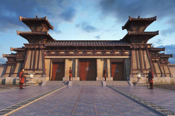 中式秦汉时期古建筑大门殿门城门卫兵宫门