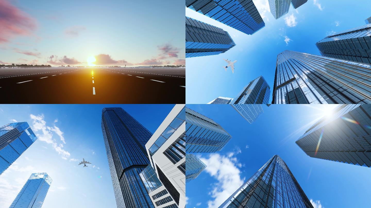 飞机空中飞过写字楼