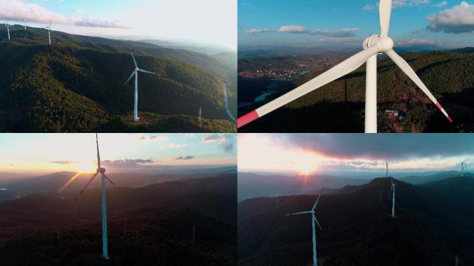 山顶风力发电机大风车航拍4K素材