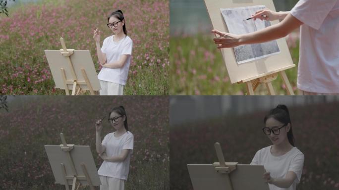 女画家在公园花海写生画画 自然生态环境
