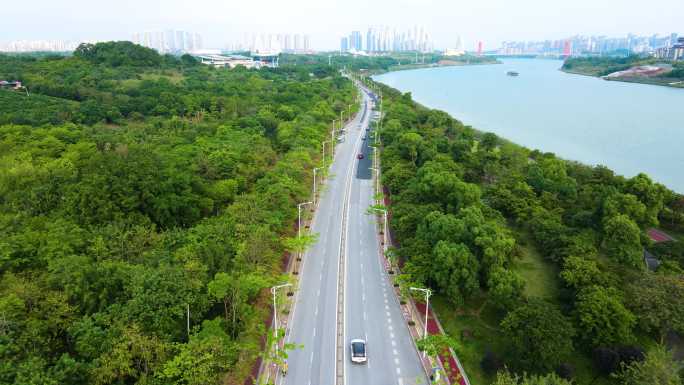 南宁城市邕江边公路滨江公园景观大道航拍