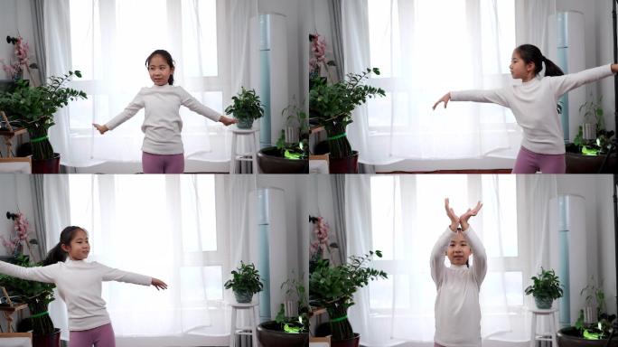 在家跳舞做操的亚洲女孩