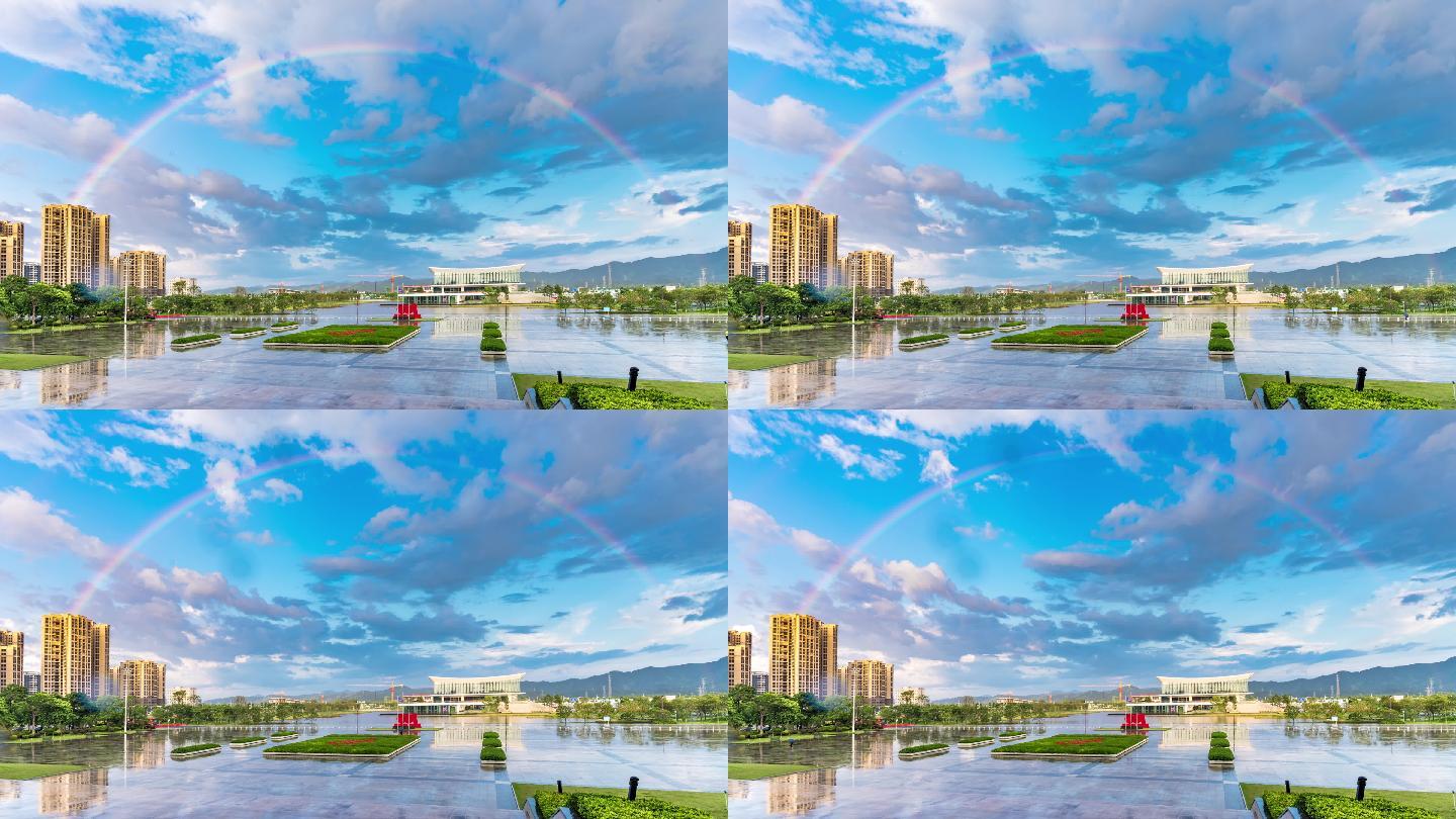 河源城市雨后彩虹风景美景延时镜头