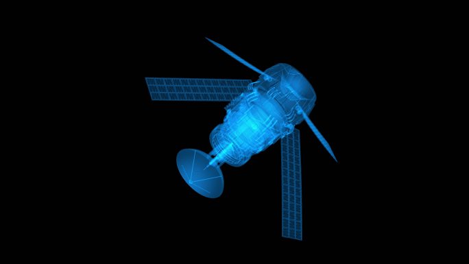 三维人造卫星蓝色线框展示4k带通道