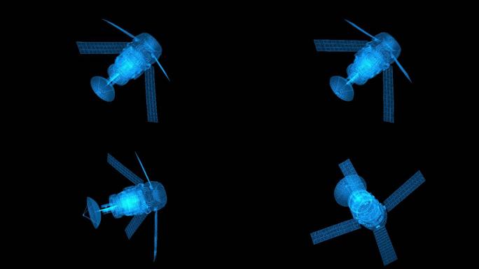 三维人造卫星蓝色线框展示4k带通道
