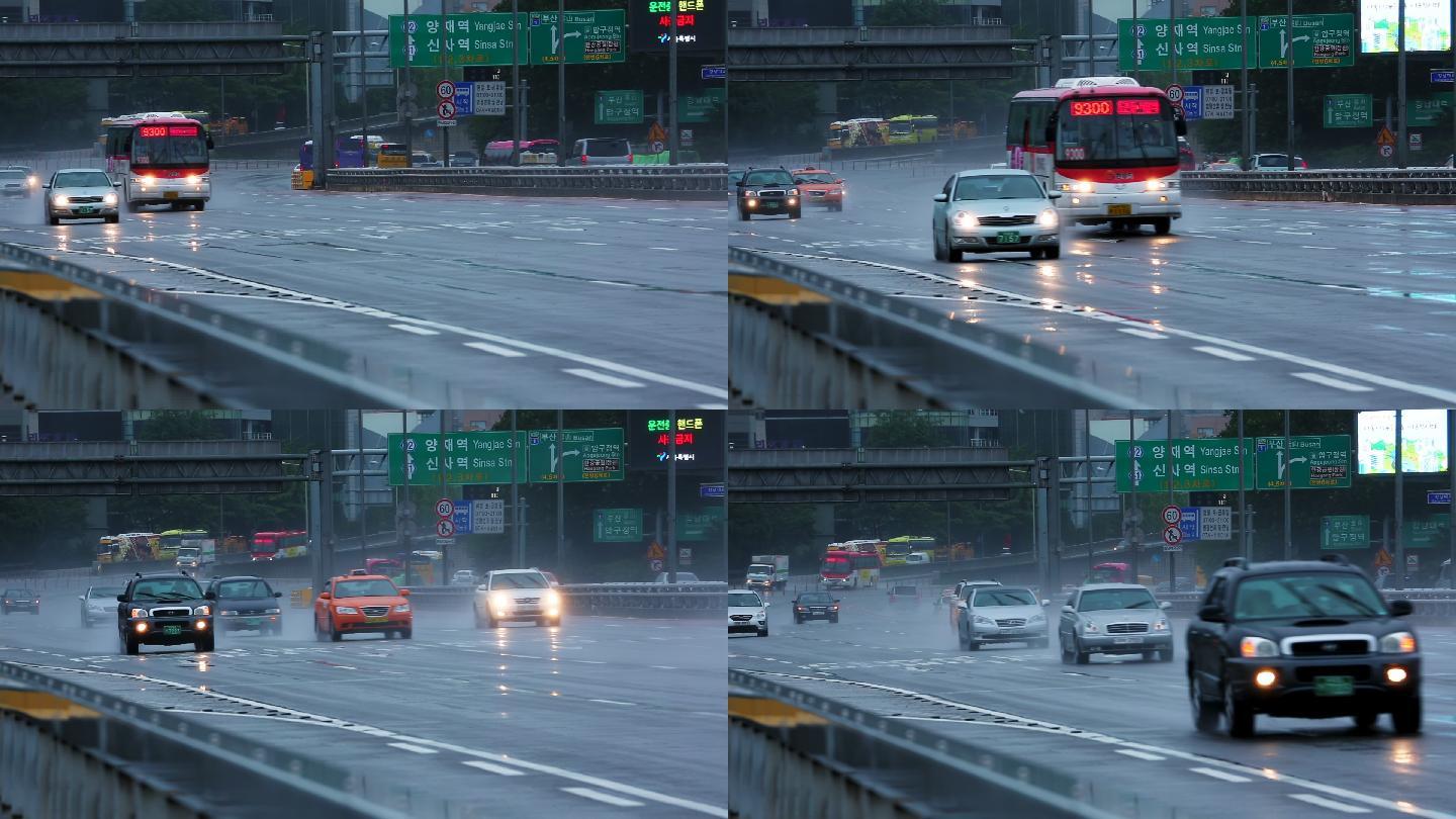 韩国釜山 雨中行车 道路 交通