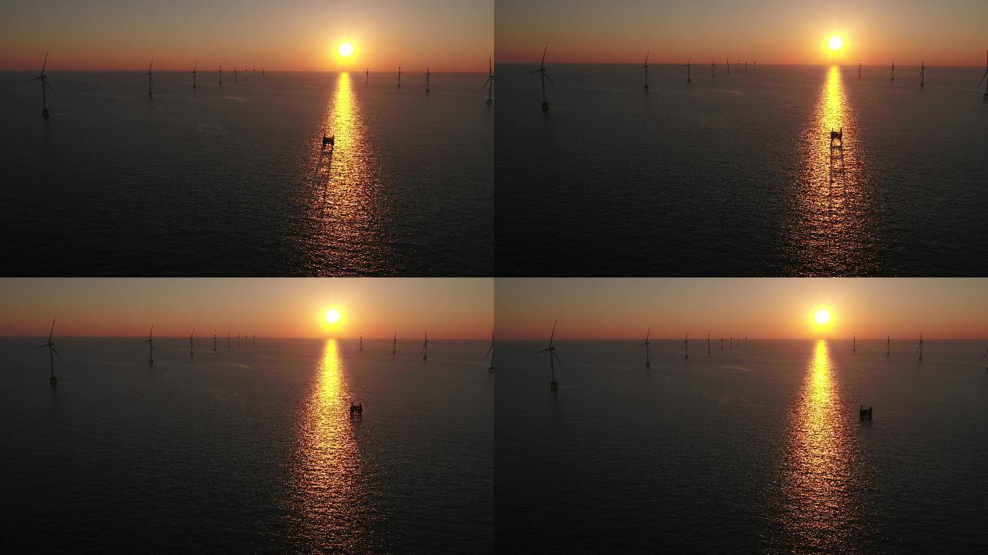 大海 风力发电 夕阳