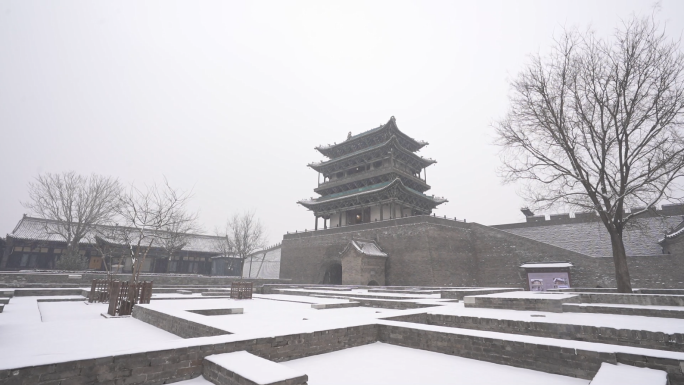 平遥古城冬天古建筑市楼门楼县衙古镇雪景