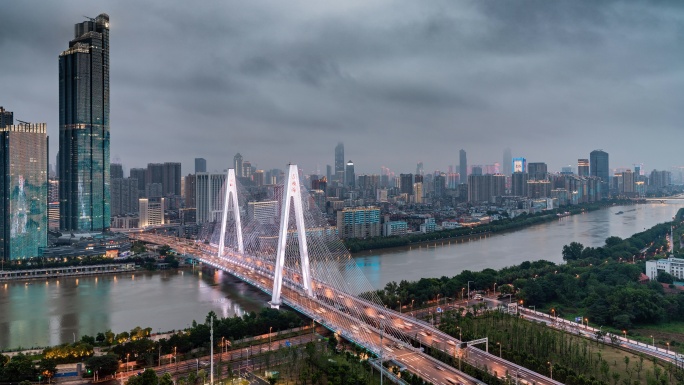 8K武汉城市汉江月湖桥桥梁阴雨夜景延时