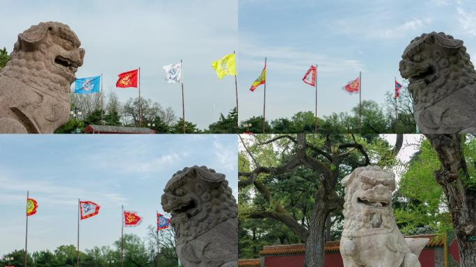 清福陵东陵正红门石狮子和八旗旗帜飘扬
