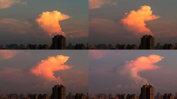 晚霞中一朵颜色和形态不断变化的云朵