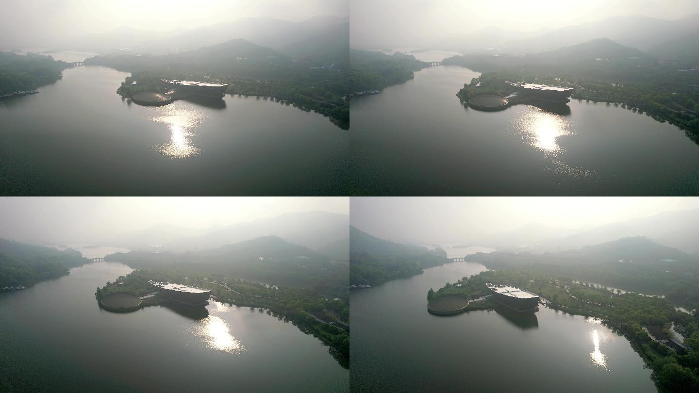 航拍晨雾中的湘湖跨湖桥遗址博物馆