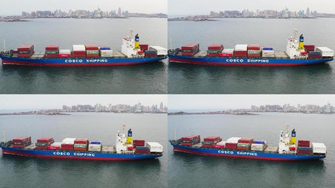 青岛胶州湾繁忙的货船