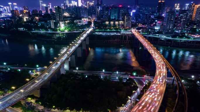 重庆嘉陵江大桥、渝澳大桥夜景航拍