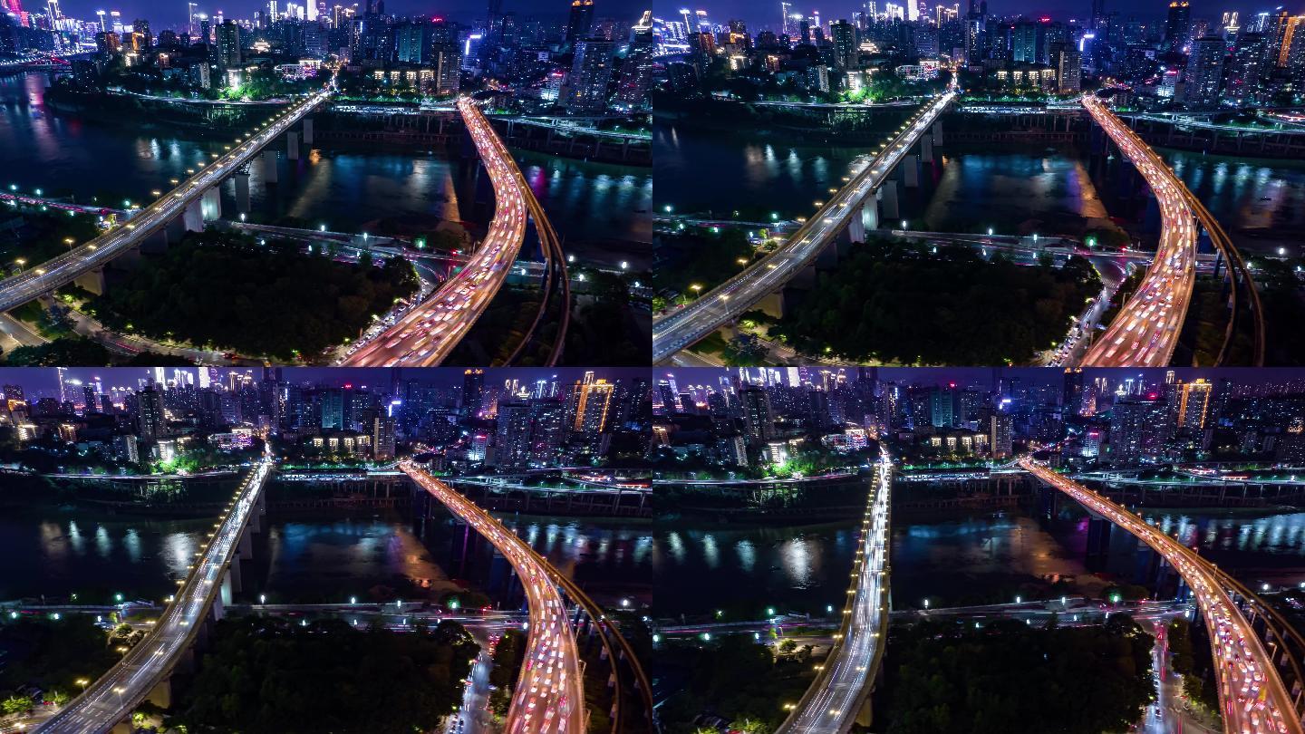 重庆嘉陵江大桥、渝澳大桥夜景航拍