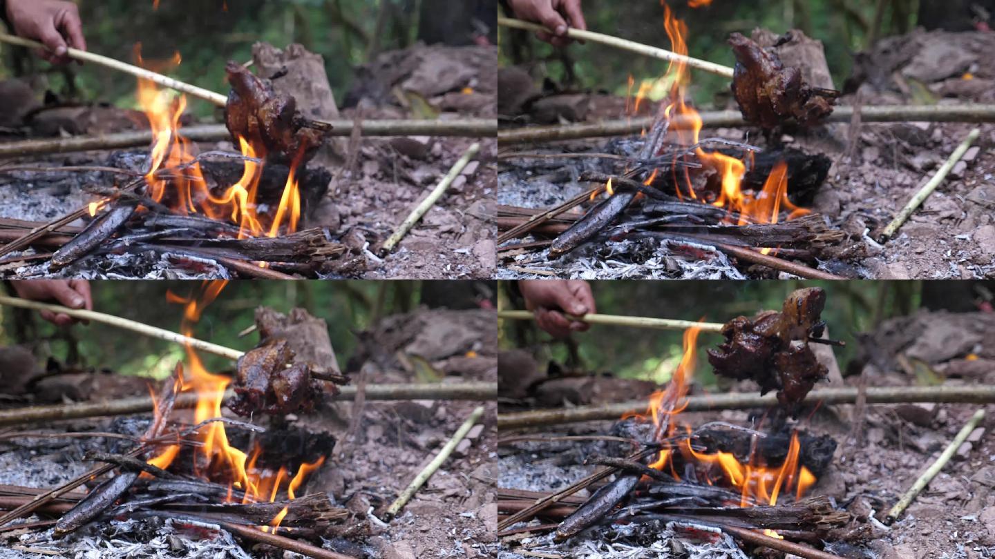 原生态 柴火 烤肉 深山 茶农