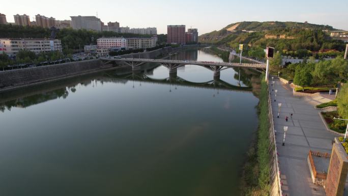 航拍甘肃庆阳宁县城市风光河流