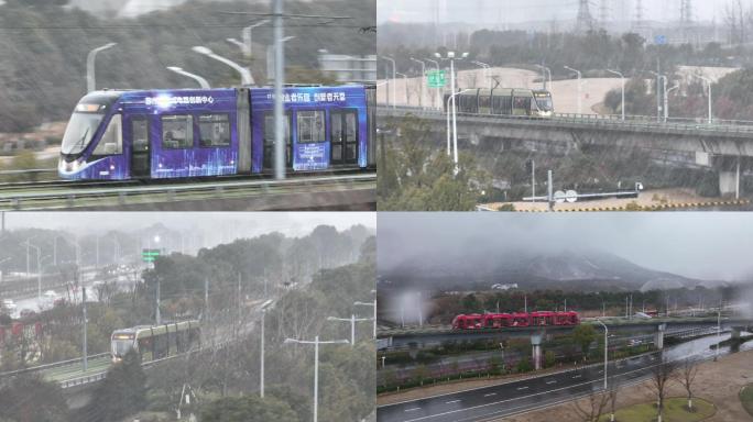 航拍城市交通苏州科技城有轨电车雨雪天