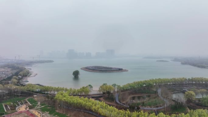 北龙湖湿地公园雨景航拍