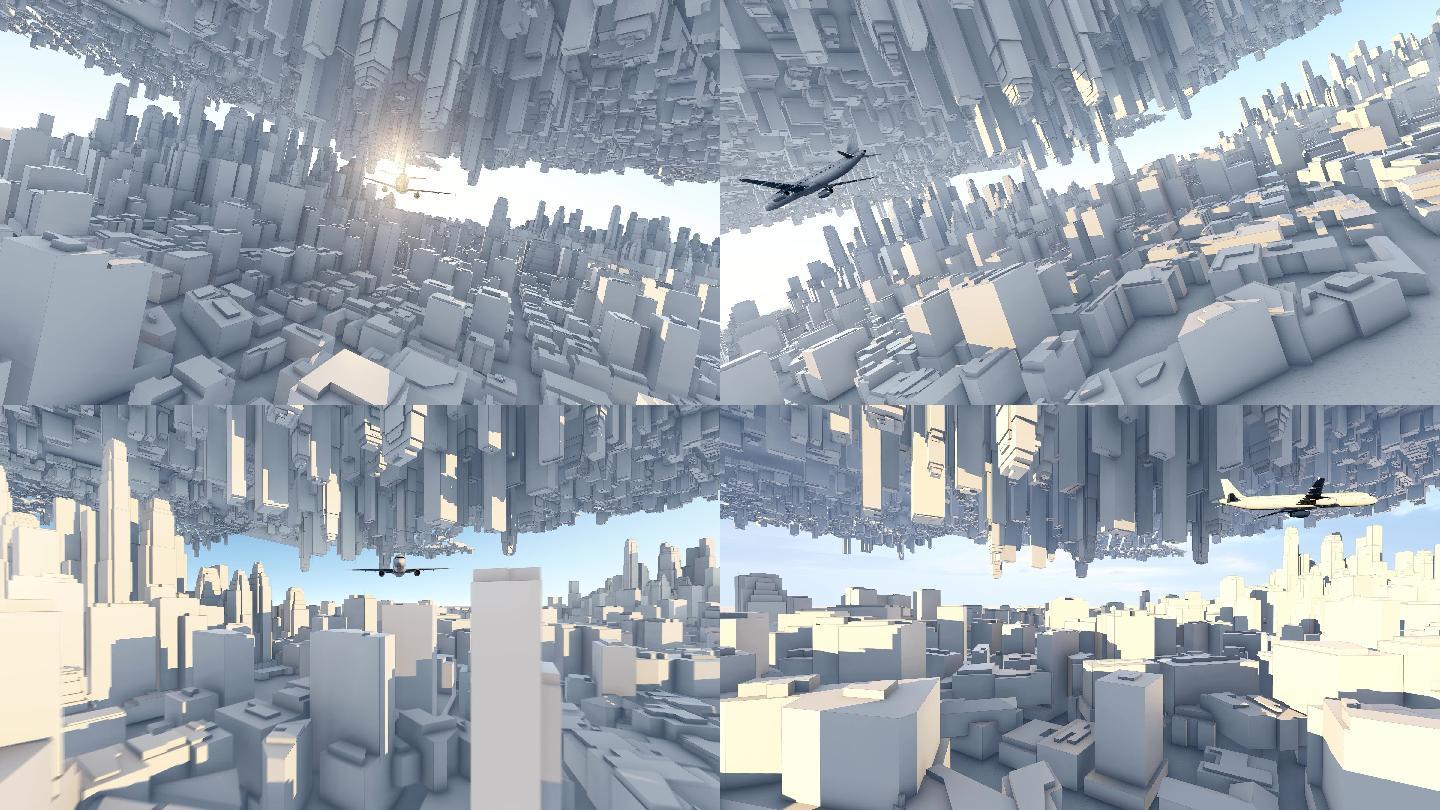 4K未来城市飞机飞过抽象建筑光影艺术