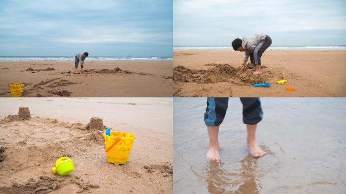 海边公园沙滩赶海玩沙子沙滩画画保安园丁