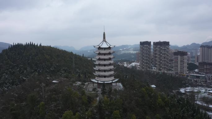 贵州 黔南 文峰塔 雪景 航拍