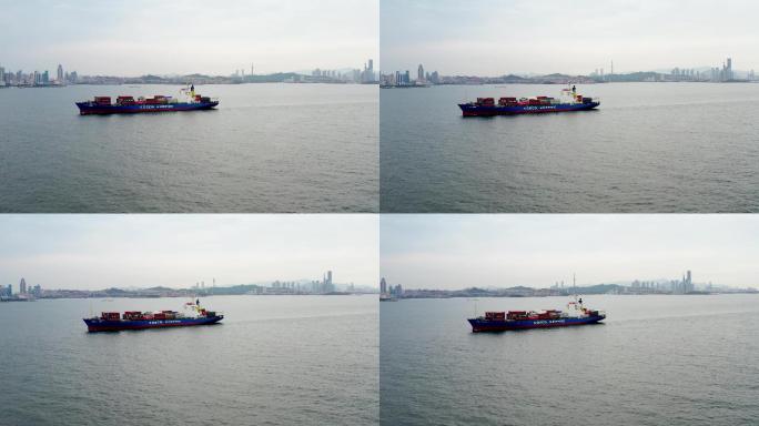 青岛胶州湾繁忙的货船航拍