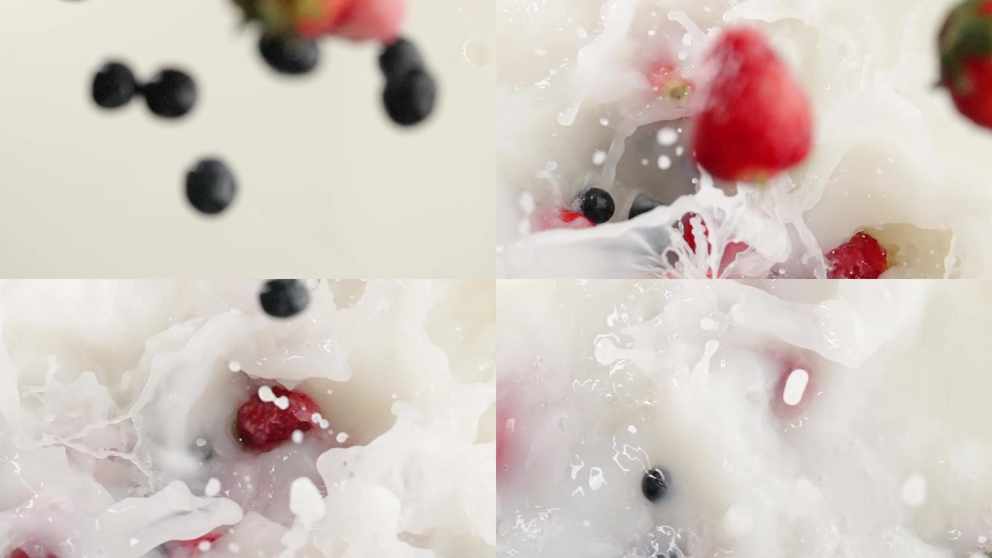 慢镜头拍摄新鲜爆浆水果落入牛奶创意视频
