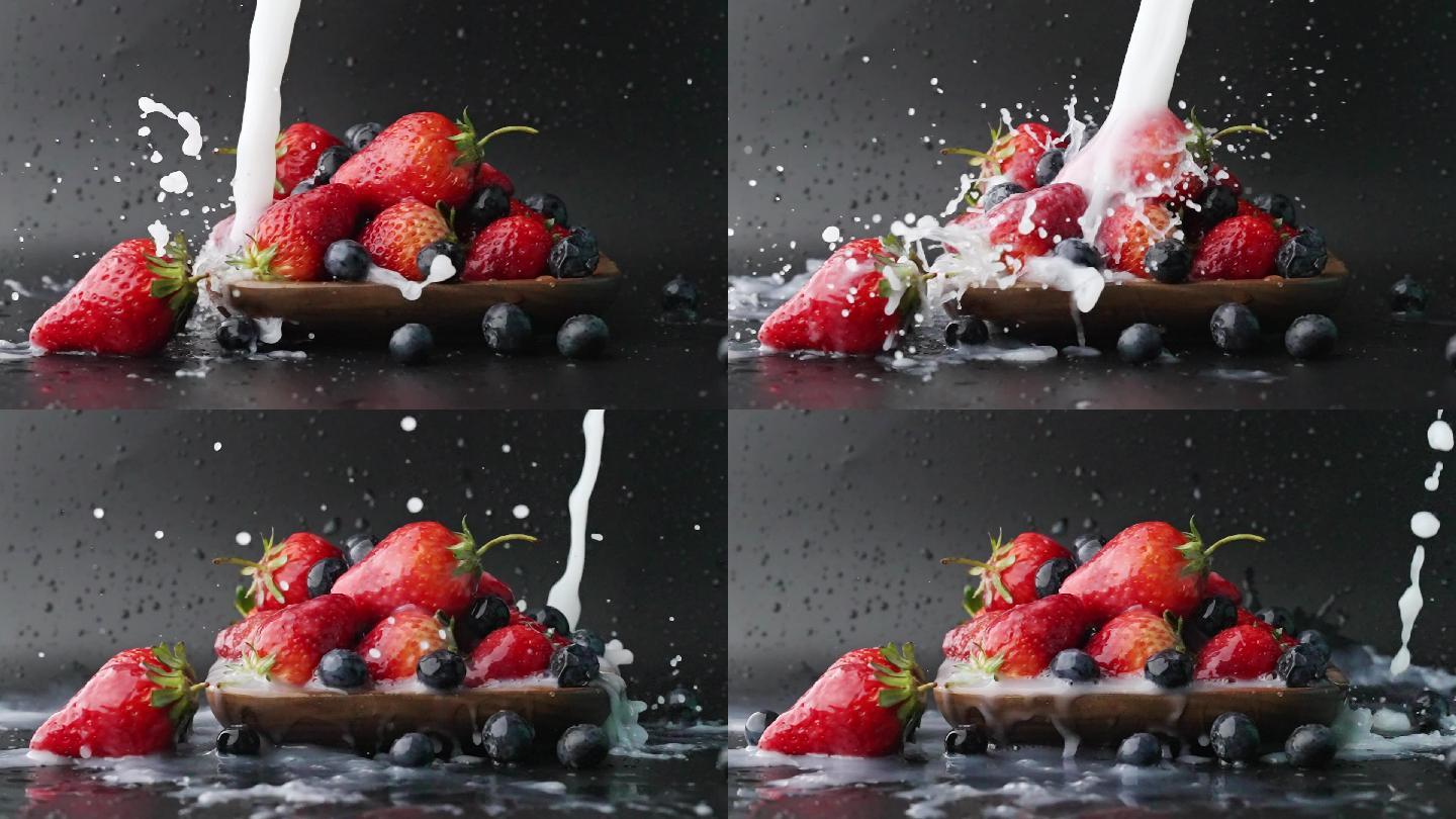 慢镜头拍摄牛奶冲洗碗里新鲜有机爆浆水果