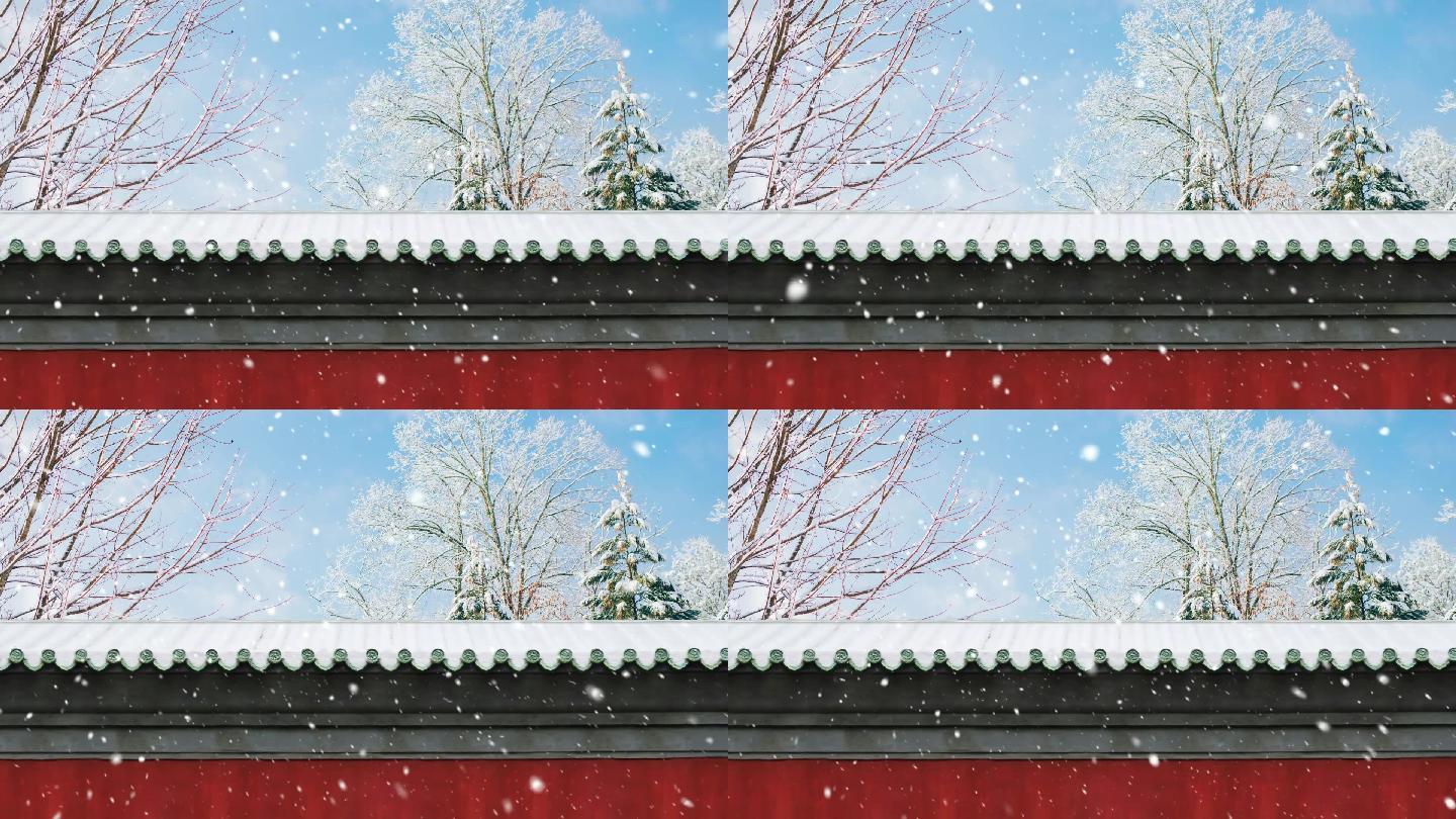 古代红墙宫墙冬天下大雪纷飞 雪花飘落