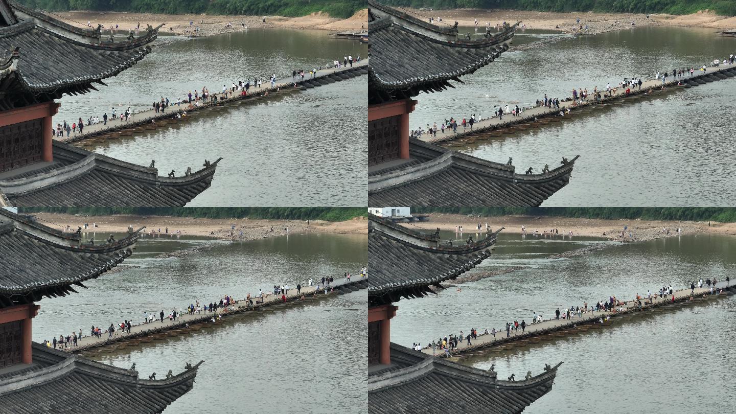 【4K正版】长焦视角古浮桥上行走的人群