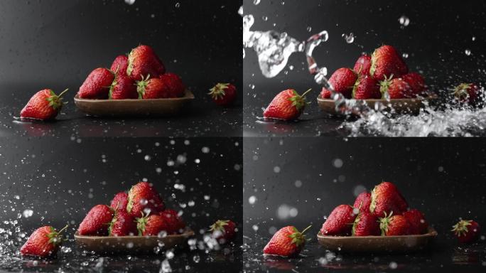 慢镜头拍摄清水冲洗碗里有机新鲜爆浆草莓
