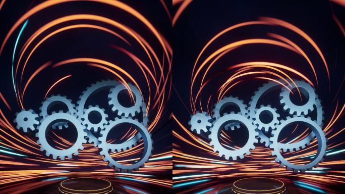 机械齿轮与流光特效背景3D渲染