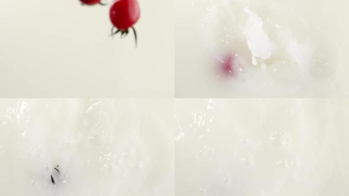 慢镜头拍摄新鲜爆浆小番茄落入牛奶创意视频