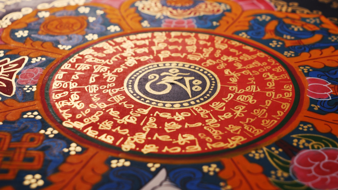 藏族文字手绘唐卡六字真言坛城西藏文化