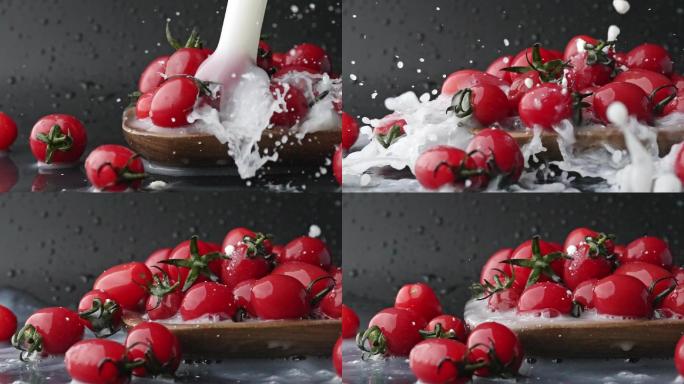 慢镜头拍摄牛奶冲洗碗里新鲜有机爆浆小番茄