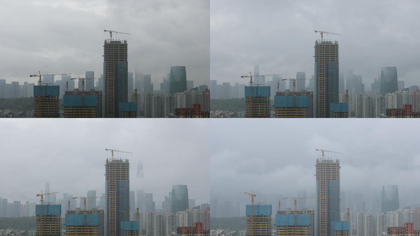 暴雨中深圳中心区雨雾和还在施工的塔吊延时