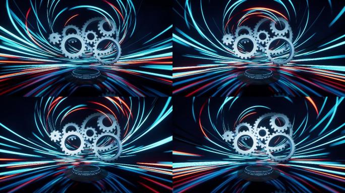 机械齿轮与流光特效背景3D渲染